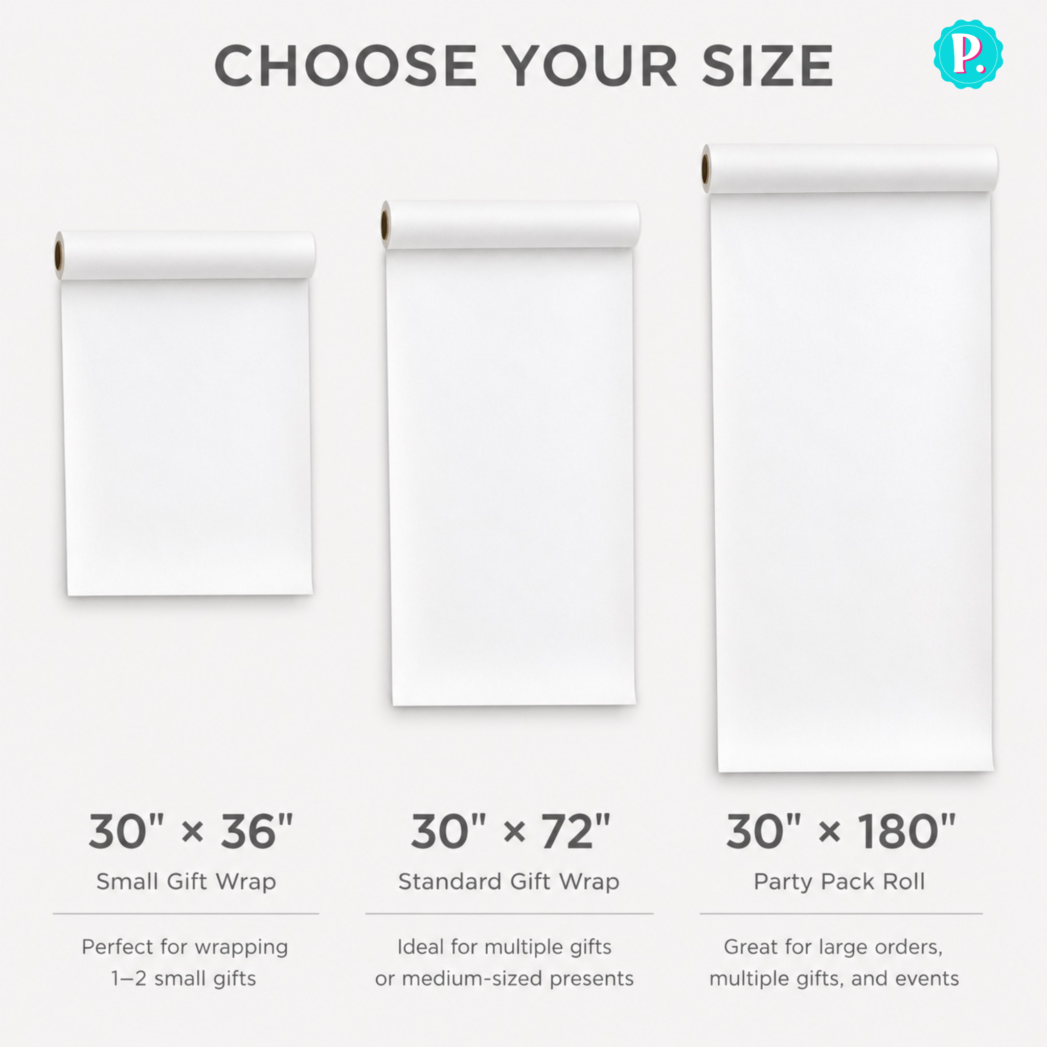 White gift wrap rolls with size options on a white background