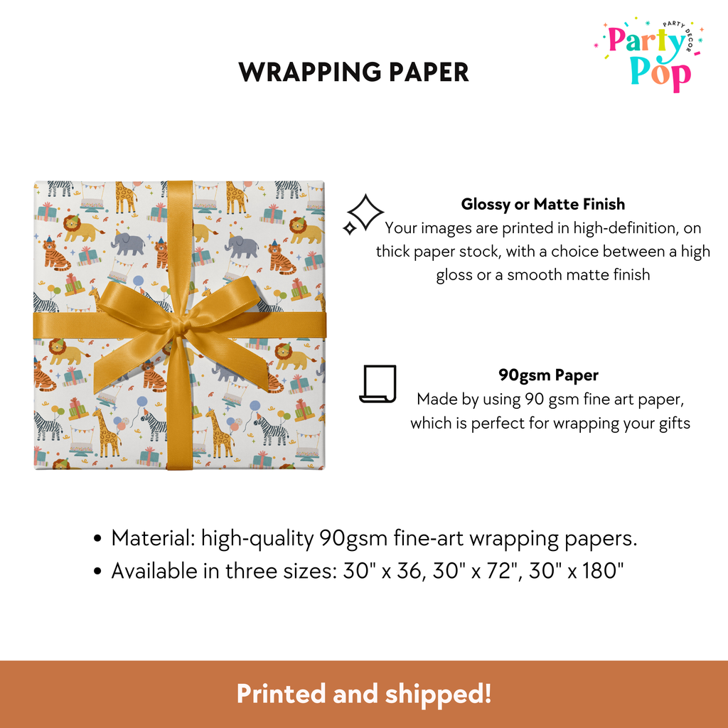Gift box with animal pattern and yellow ribbon on Party Pop wrapping paper, with product details.