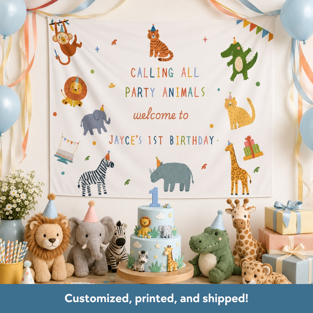 Children's birthday party setup with animal-themed decorations, cake, and balloons.