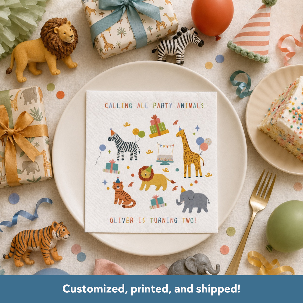 Calling All Party Animals Custom Birthday Napkin - (Printed + Shipped)