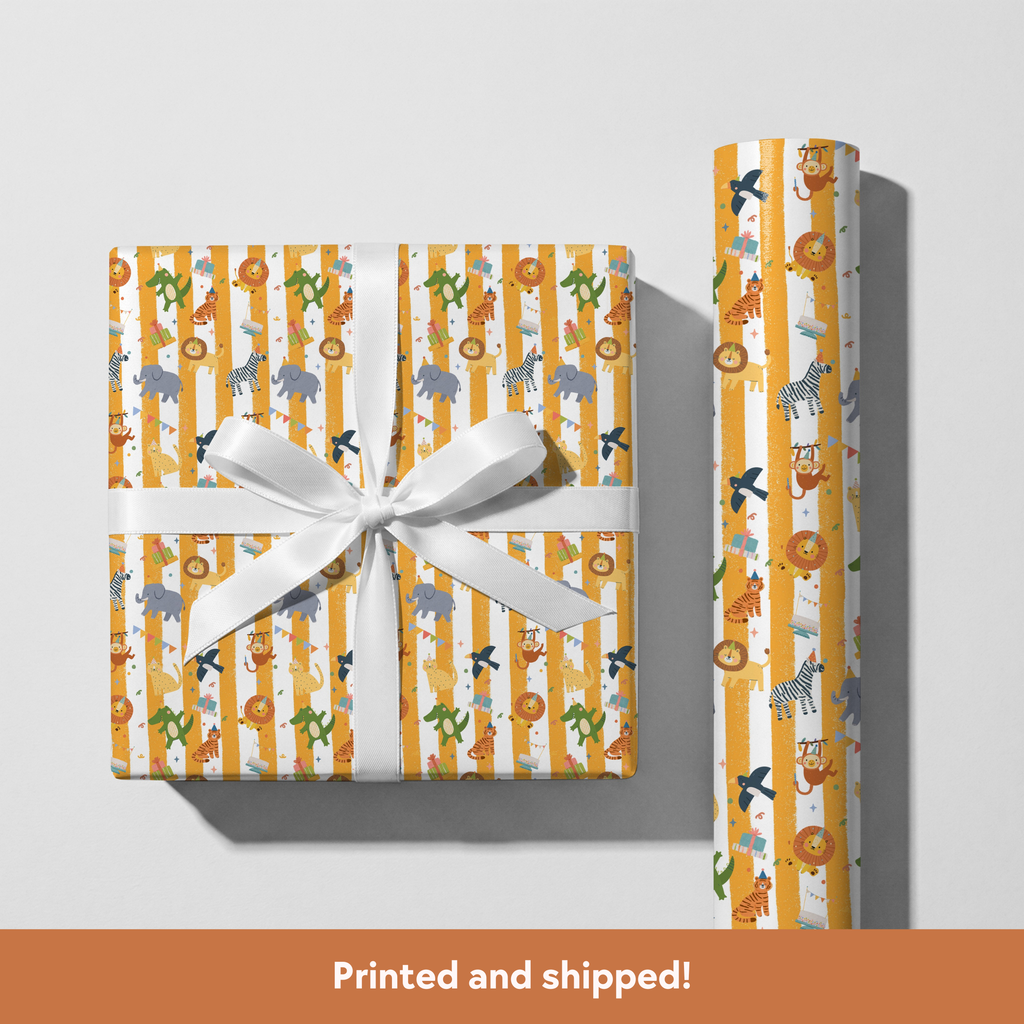 Party Animals Striped Birthday Wrapping Paper - (Printed + Shipped)