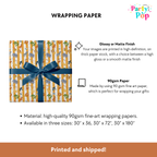 Party Pop wrapping paper with a gift box and ribbon, featuring product details on a white background.