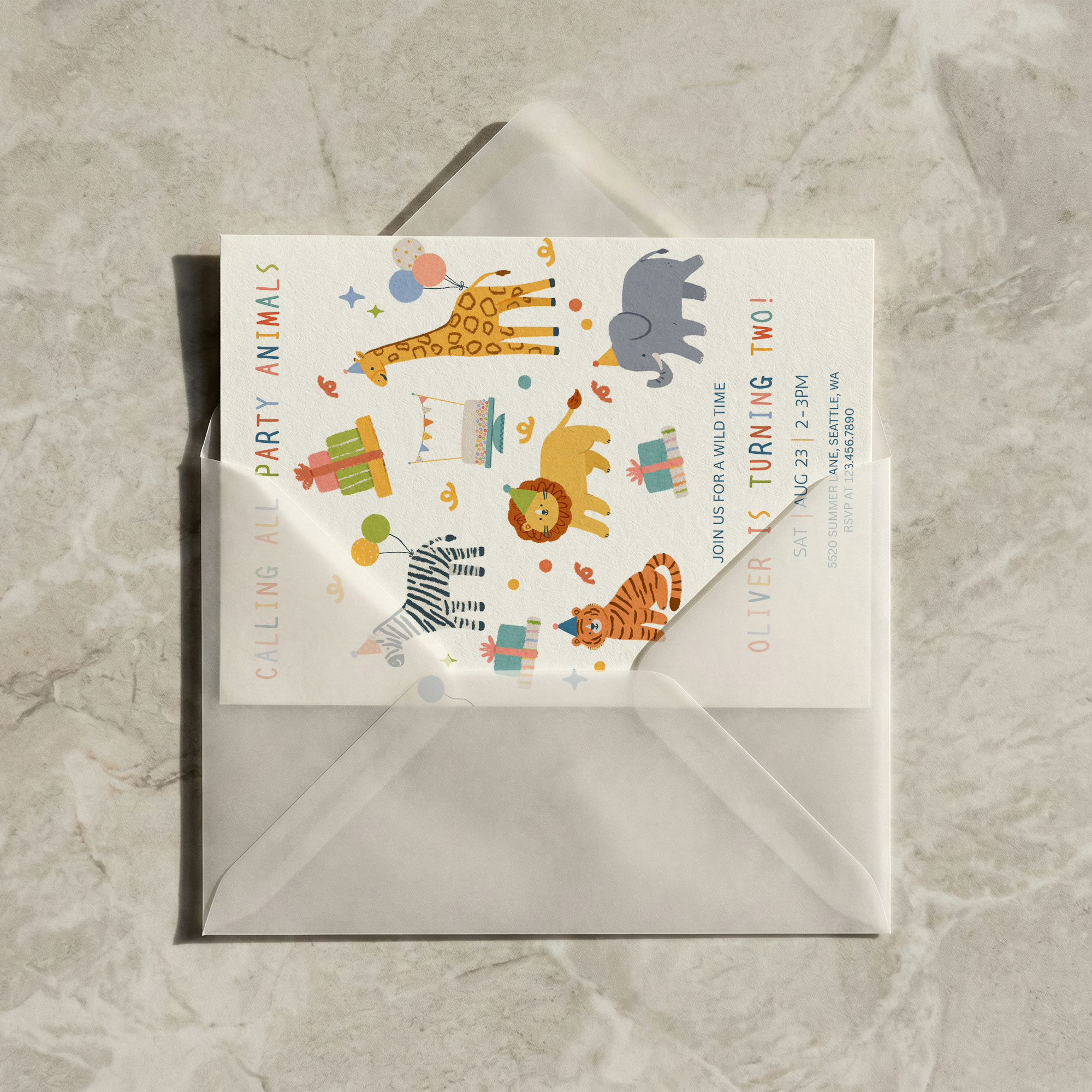 Children's birthday party invitation with animal illustrations on a gray envelope.