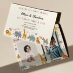 Children's birthday party invitation with photos of children on a beige surface