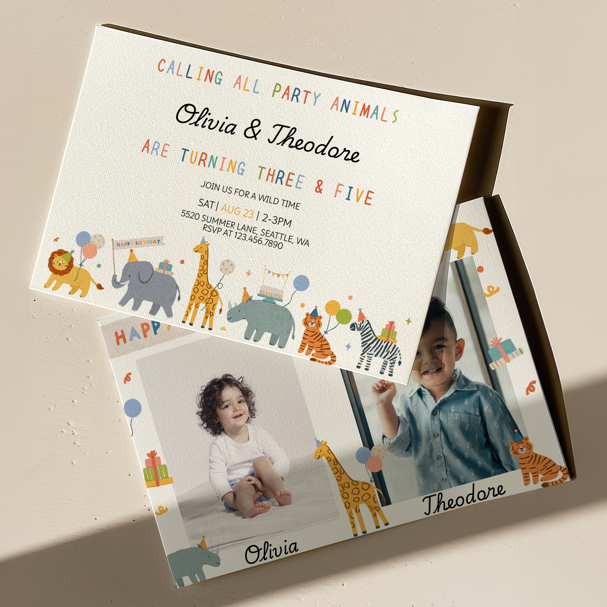 Children's birthday party invitation with photos of children on a beige surface