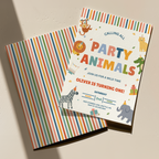 A children's party invitation card with colorful striped borders and cartoon animal illustrations, placed on top of a matching striped envelope or cardstock on a warm beige background.