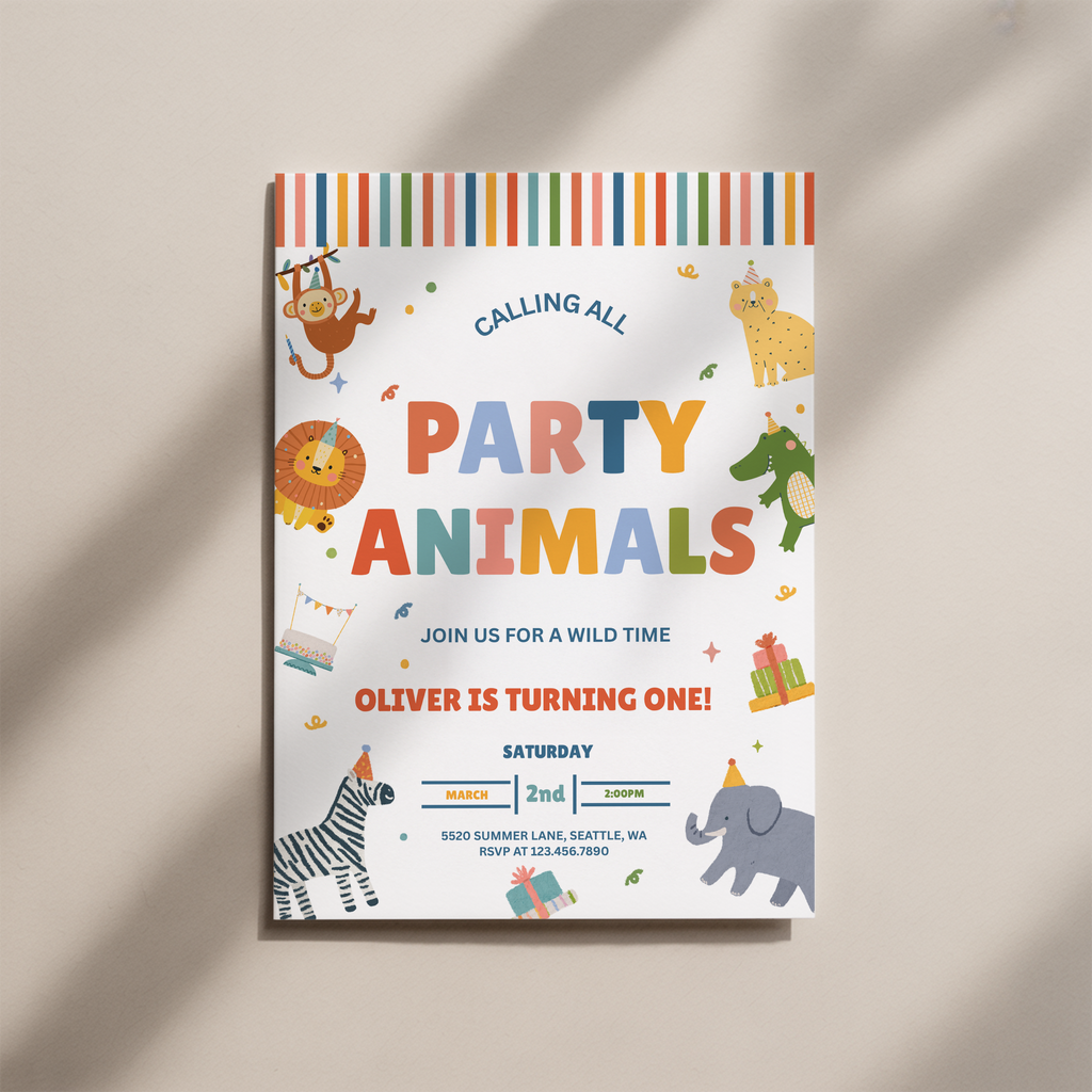 A colorful children's birthday invitation card for an animal-themed party, shown flat against a warm beige background with soft diagonal shadows. The card features playful safari animals including a lion, elephant, zebra, giraffe, and crocodile, with the text 'PARTY ANIMALS' and event details.