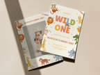 Children's birthday invitation with animal-themed design on a beige background