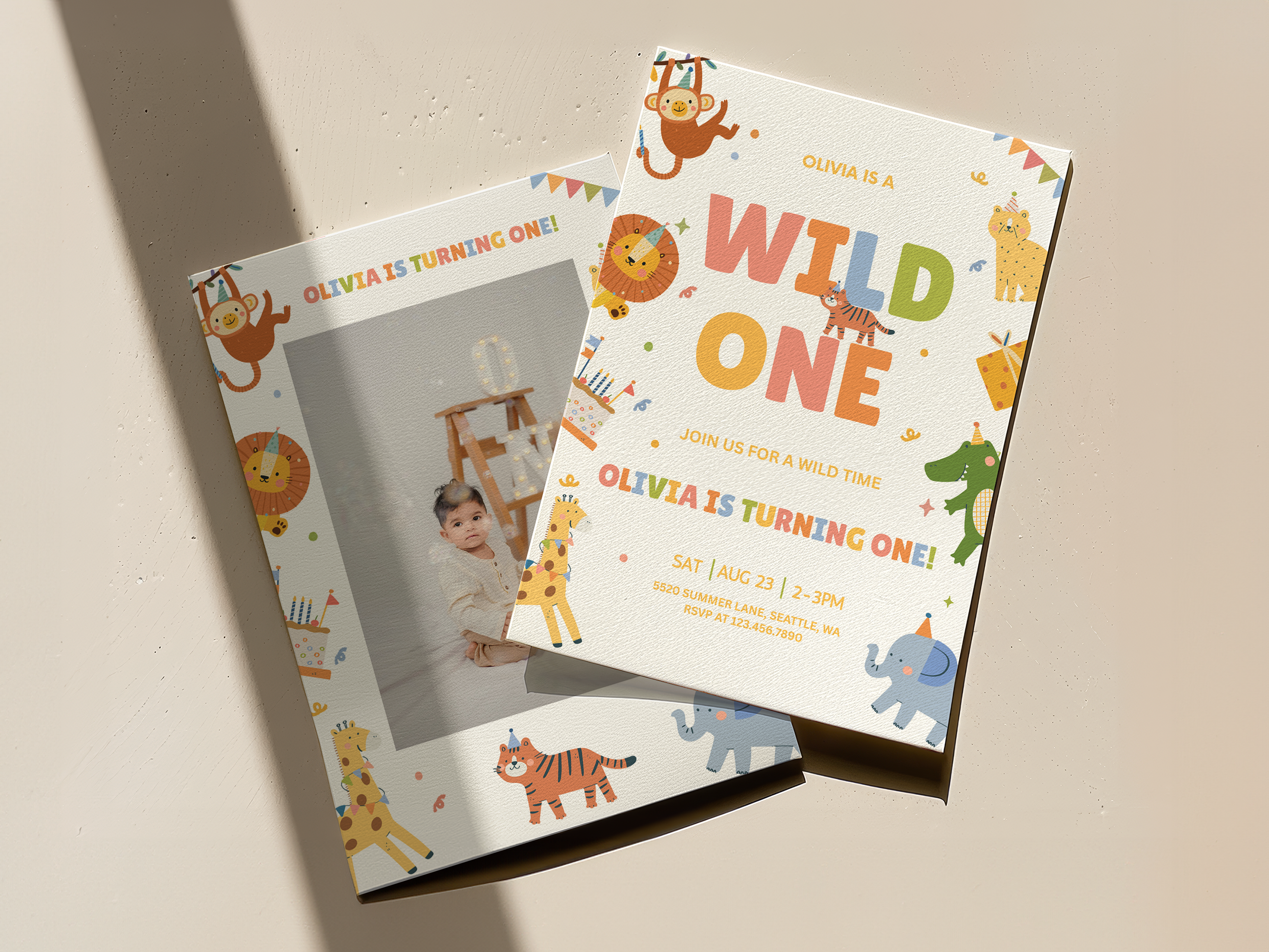 Children's birthday invitation with animal-themed design on a beige background