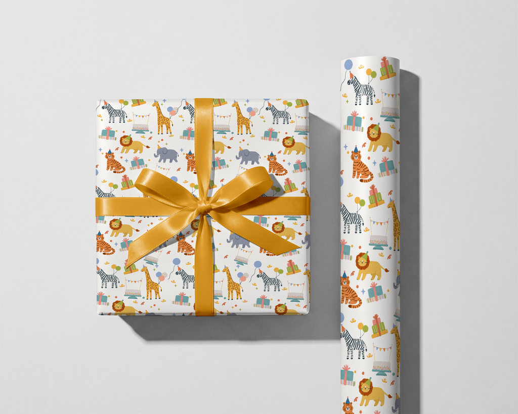 Gift wrapped in colorful animal-themed paper with a yellow ribbon on a light gray background