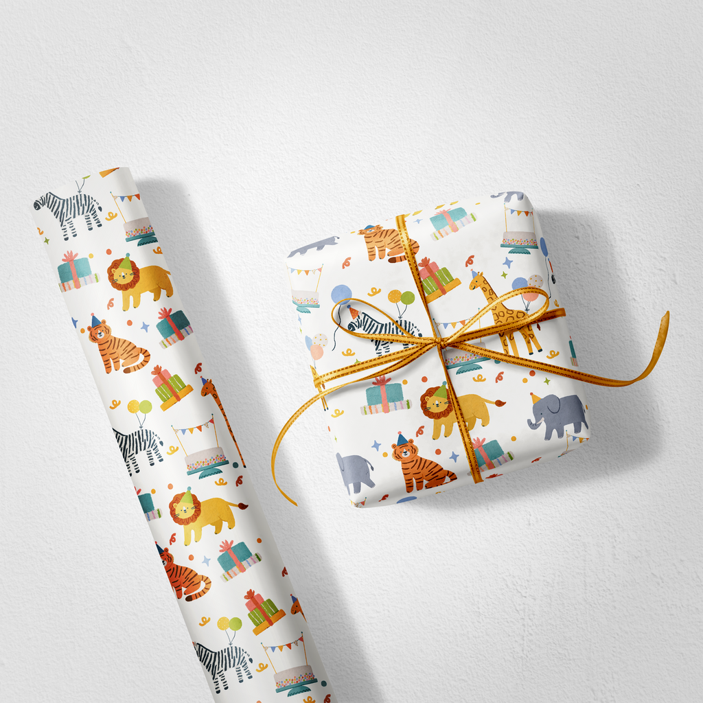 Gift wrap with animal pattern and a wrapped gift on a white background