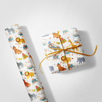 Gift wrap with animal pattern and a wrapped gift on a white background