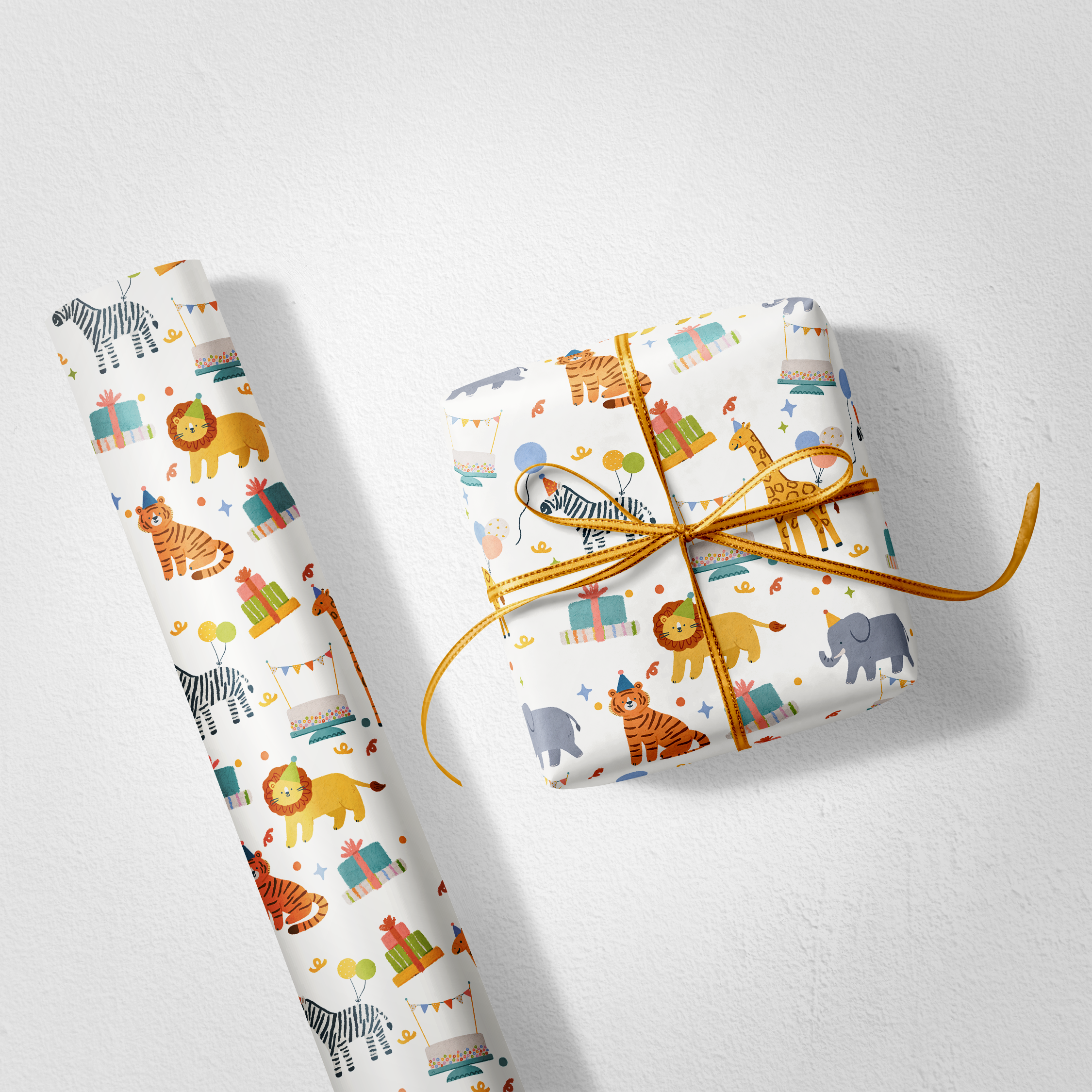 Gift wrap with animal pattern and a wrapped gift on a white background